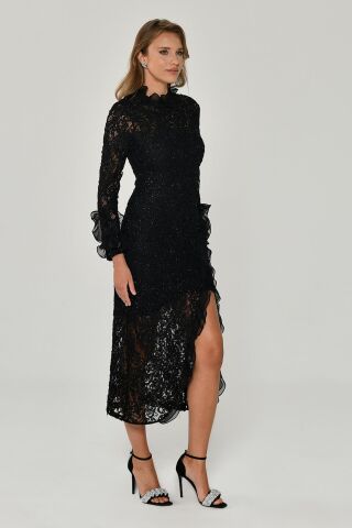 Yırtmaçlı Uzun Kollu Elbise Siyah - 42