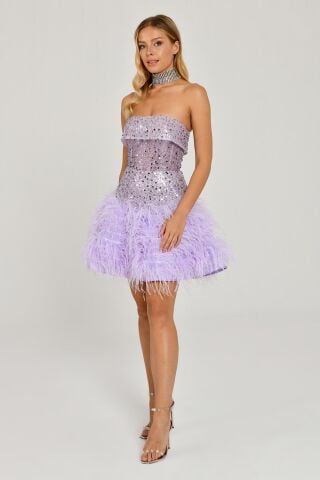 Straplez Eteği Tüylü Payet Kısa Elbise Lila - 38
