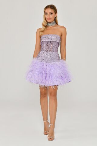 Straplez Eteği Tüylü Payet Kısa Elbise Lila - 38