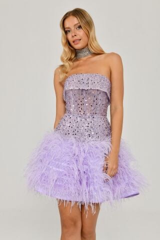 Straplez Eteği Tüylü Payet Kısa Elbise Lila - 38