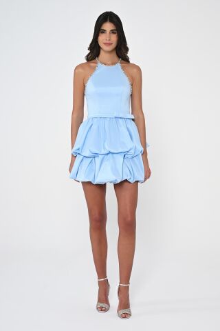 Taşlı Halter Yaka Balon Etek Tafta Kumaş Kısa Elbise MAVİ - 42