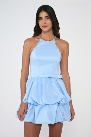 Taşlı Halter Yaka Balon Etek Tafta Kumaş Kısa Elbise MAVİ - 42