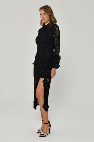 Yırtmaçlı Uzun Kollu Elbise Siyah - 44