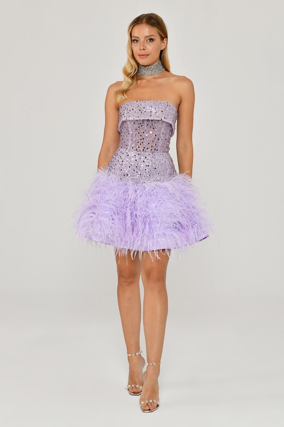 Straplez Eteği Tüylü Payet Kısa Elbise Lila - 40