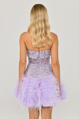Straplez Eteği Tüylü Payet Kısa Elbise Lila - 40