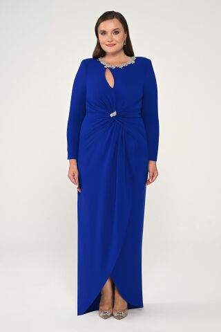 Uzun Kollu Yakası Taşlı Vatkalı Krep Uzun Elbise SAKS - 42