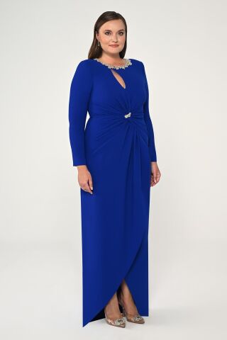 Uzun Kollu Yakası Taşlı Vatkalı Krep Uzun Elbise SAKS - 42