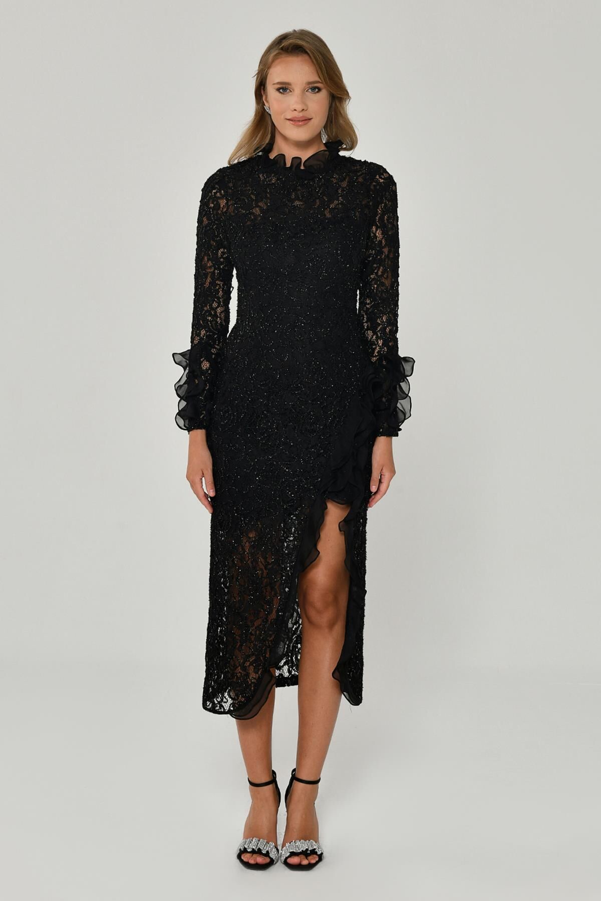 Geschlitztes Langarmkleid Schwarz - 46