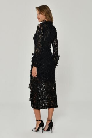 Geschlitztes Langarmkleid Schwarz - 46