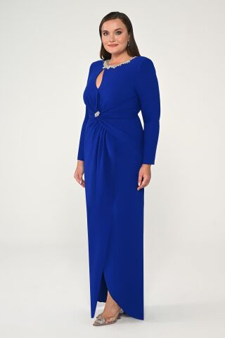 Uzun Kollu Yakası Taşlı Vatkalı Krep Uzun Elbise SAKS - 44