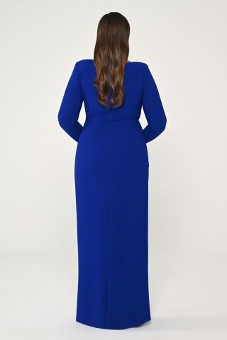 Uzun Kollu Yakası Taşlı Vatkalı Krep Uzun Elbise SAKS - 44