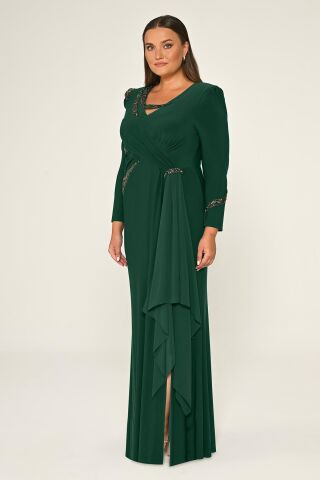 Uzun Kollu İşlemeli Payetli Krep Uzun Elbise ZÜMRÜT - 42