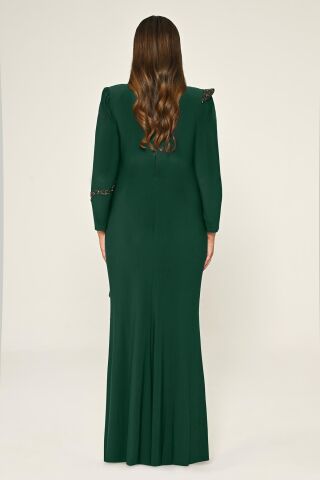 Uzun Kollu İşlemeli Payetli Krep Uzun Elbise ZÜMRÜT - 42