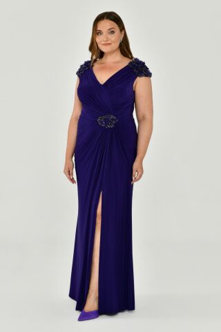 Kolsuz V Yaka Yırtmaçlı Uzun Elbise Mor - 42