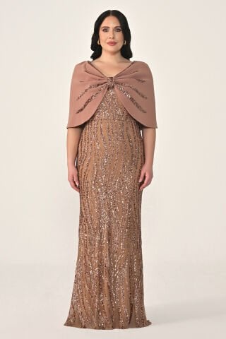 Omuzda Şal Aksesuarlı Payet Uzun Elbise