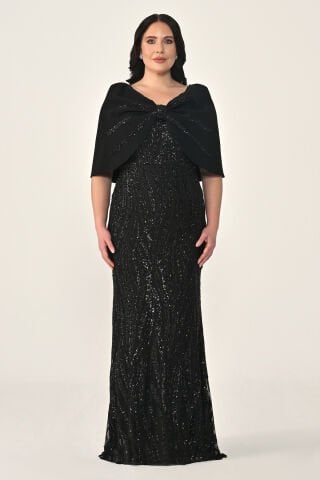 Omuzda Şal Aksesuarlı Payet Uzun Elbise