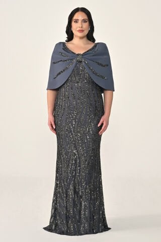 Omuzda Şal Aksesuarlı Payet Uzun Elbise