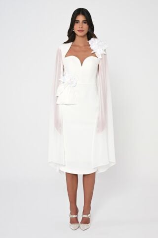 Kalp Göğüs Kolları Şifon Şal Midi Elbise Beyaz - 40