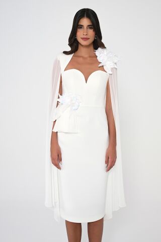 Kalp Göğüs Kolları Şifon Şal Midi Elbise Beyaz - 40