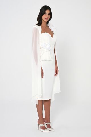 Kalp Göğüs Kolları Şifon Şal Midi Elbise Beyaz - 40