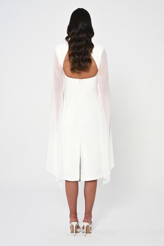 Kalp Göğüs Kolları Şifon Şal Midi Elbise Beyaz - 40