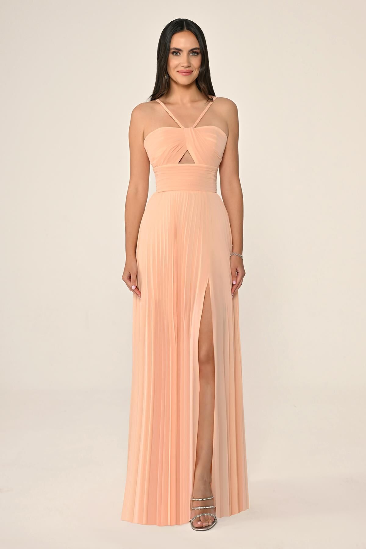 Örgü Askılı Pileli Şifon Uzun Elbise NUDE - 42