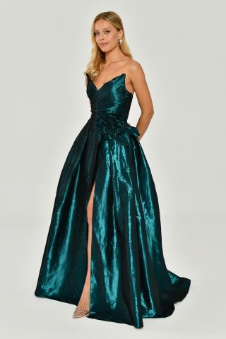 Straplez Yandan Yırtmaçlı parlak Kumaş Uzun Elbise PETROL - 44