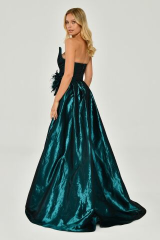 Straplez Yandan Yırtmaçlı parlak Kumaş Uzun Elbise PETROL - 44