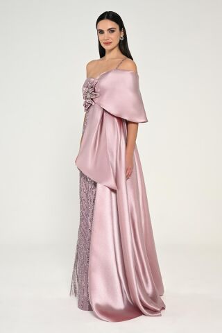 Tek Askılı Çiçek Aksesuarlı Payetli Saten Uzun Elbise GÜL KURUSU - 42