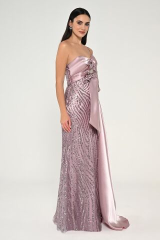 Tek Askılı Çiçek Aksesuarlı Payetli Saten Uzun Elbise GÜL KURUSU - 42