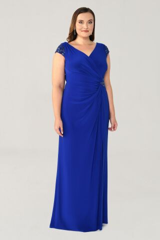 V Yaka Kısa Kollu Beli Aksesuarlı Yırtmaçlı Uzun Elbise SAKS - 46