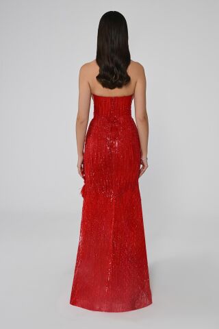 Derin V Yaka Çiçek Aksesuarlı Payet Uzun Elbise Kırmızı - 40