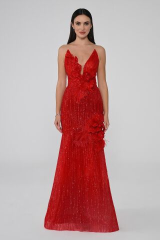 Derin V Yaka Çiçek Aksesuarlı Payet Uzun Elbise Kırmızı - 40