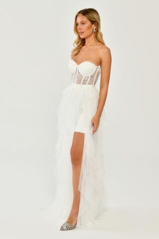 Straplez Yırtmaçlı Katlı Tül Elbise Beyaz - 36