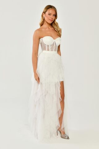Straplez Yırtmaçlı Katlı Tül Elbise Beyaz - 36