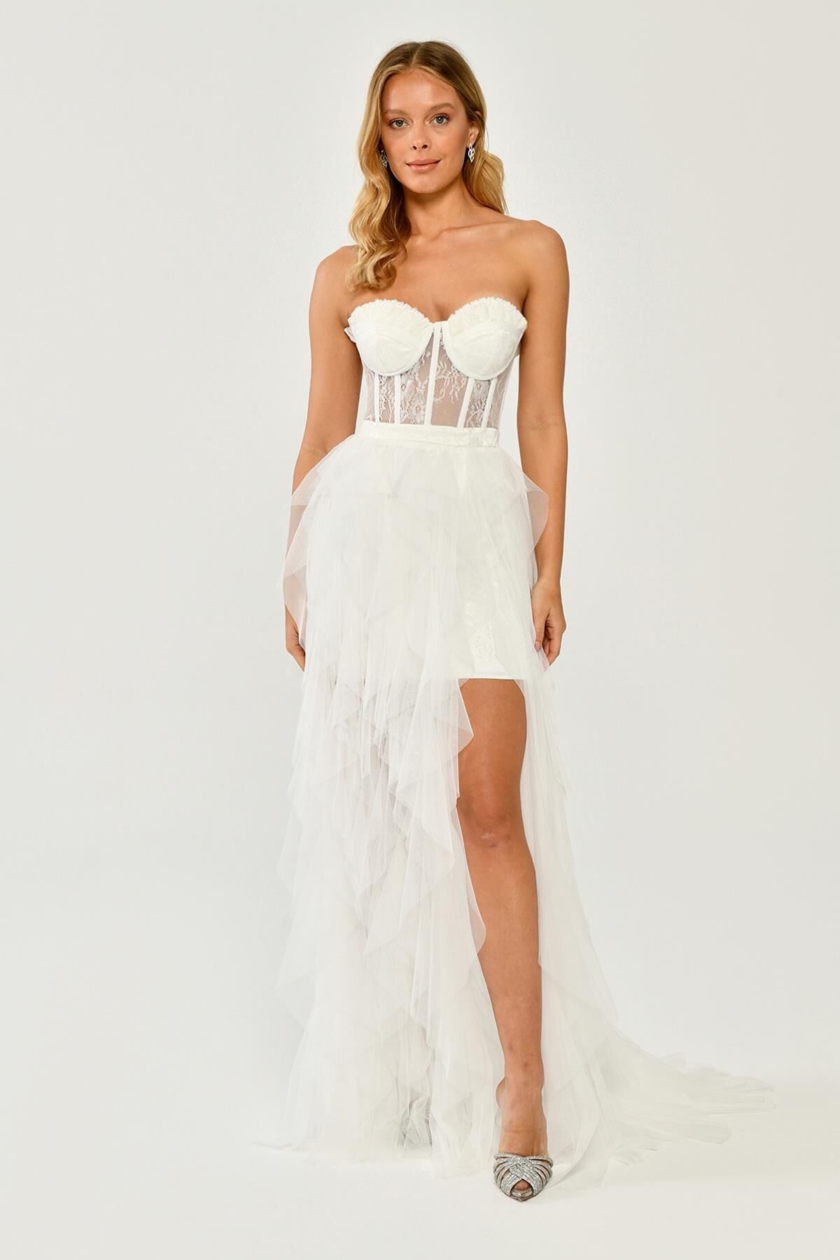 Straplez Yırtmaçlı Katlı Tül Elbise Beyaz - 36