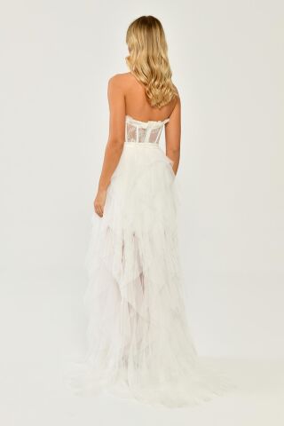 Straplez Yırtmaçlı Katlı Tül Elbise Beyaz - 36