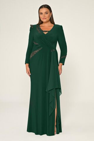 Uzun Kollu İşlemeli Payetli Krep Uzun Elbise ZÜMRÜT - 46