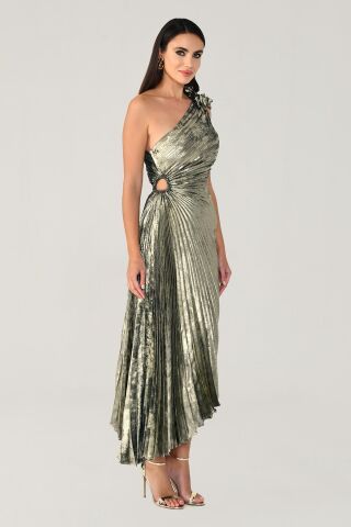 Tek Omuz Piliseli Parlak Kadife Midi Elbise ALTIN / ZÜMRÜT - 40