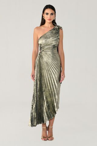 One-Shoulder Plissee Glänzendes Samt Midikleid GOLD / SMARAGD - 40