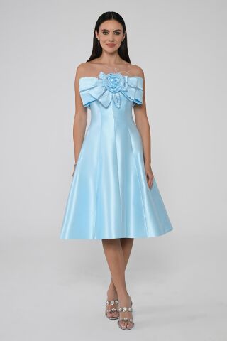 Straplez Önü Çiçekli Fiyonk Saten Midi Elbise AÇIK MAVİ - 38