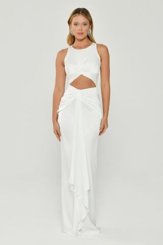 Ärmelloses Abendkleid aus Satin mit plissierter Taille und Fensterdetail, Weiß - 42