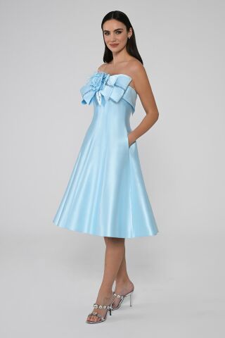 Straplez Önü Çiçekli Fiyonk Saten Midi Elbise 40 - AÇIK MAVİ