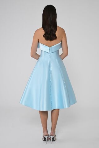 Straplez Önü Çiçekli Fiyonk Saten Midi Elbise 40 - AÇIK MAVİ