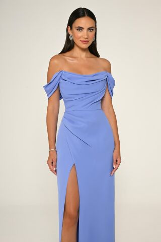 Düşük Omuz Yandan Yırtmaçlı Krep Uzun Elbise İNDİGO - 46