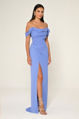 Düşük Omuz Yandan Yırtmaçlı Uzun Elbise İNDİGO - 46