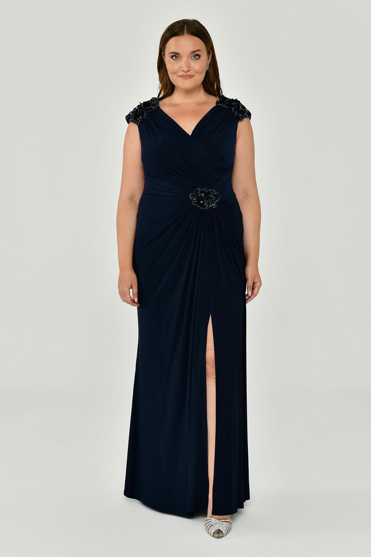 Kolsuz V Yaka Yırtmaçlı Uzun Elbise Lacivert - 48