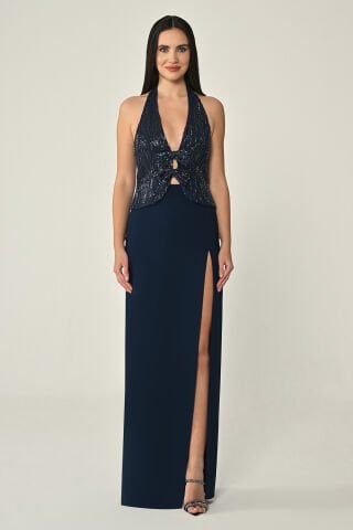 V Yaka Üstü Payet Eteği Krep Uzun Abiye