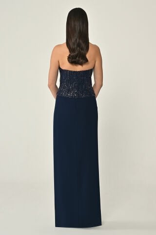 V Yaka Üstü Payet Eteği Krep Uzun Abiye