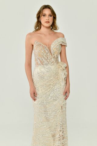 Düşük Tek Omuz Yırtmaçlı Tül Uzun Elbise EKRU - 44